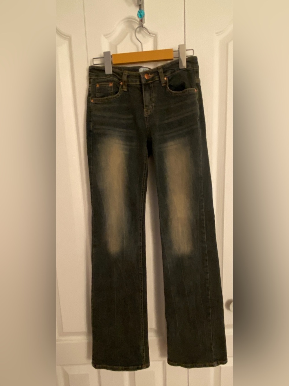 Dark Blue Flare Jeans with Faded Knees